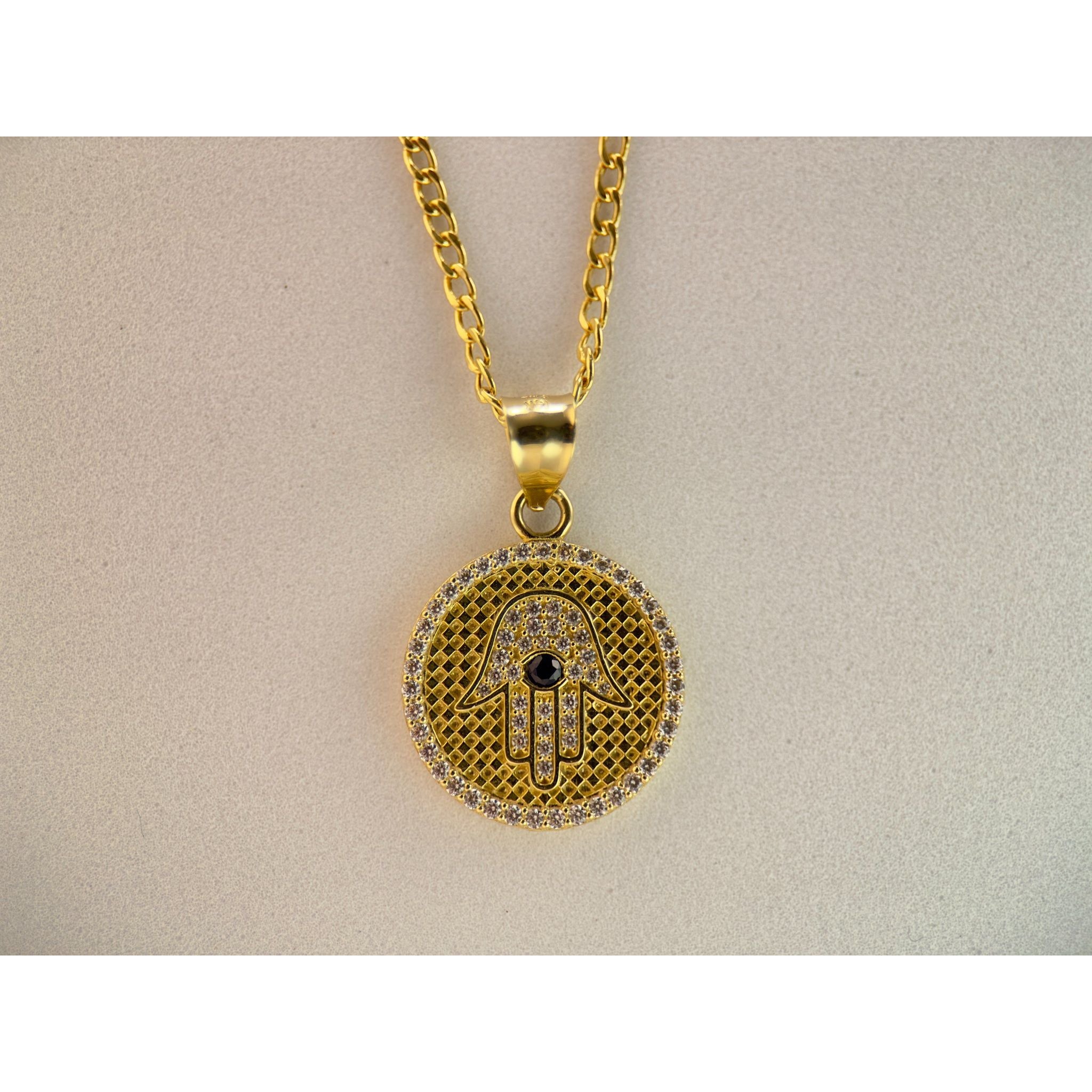 DR1916 - 14K Yellow Gold - Lab Created Stones - Gold Chain & Charm - Hamsa w/Blue Eye