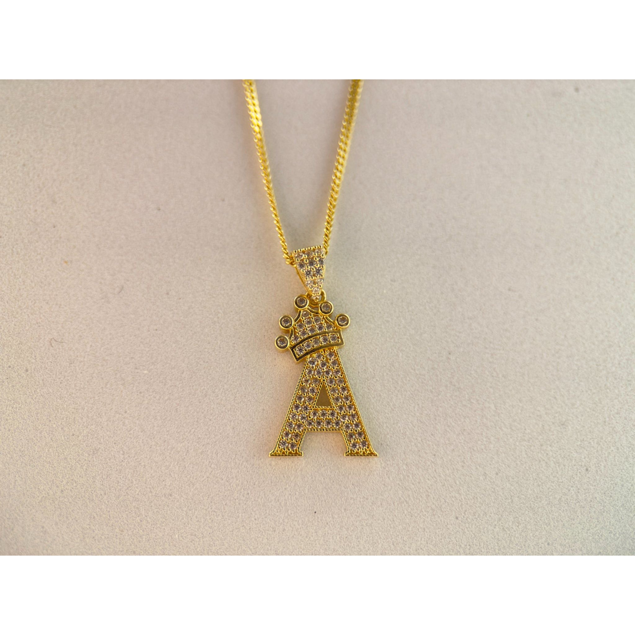 DR1922 - 14K Yellow Gold - Lab Created Stones - Gold Chain & Charm - Letter A w/Crown