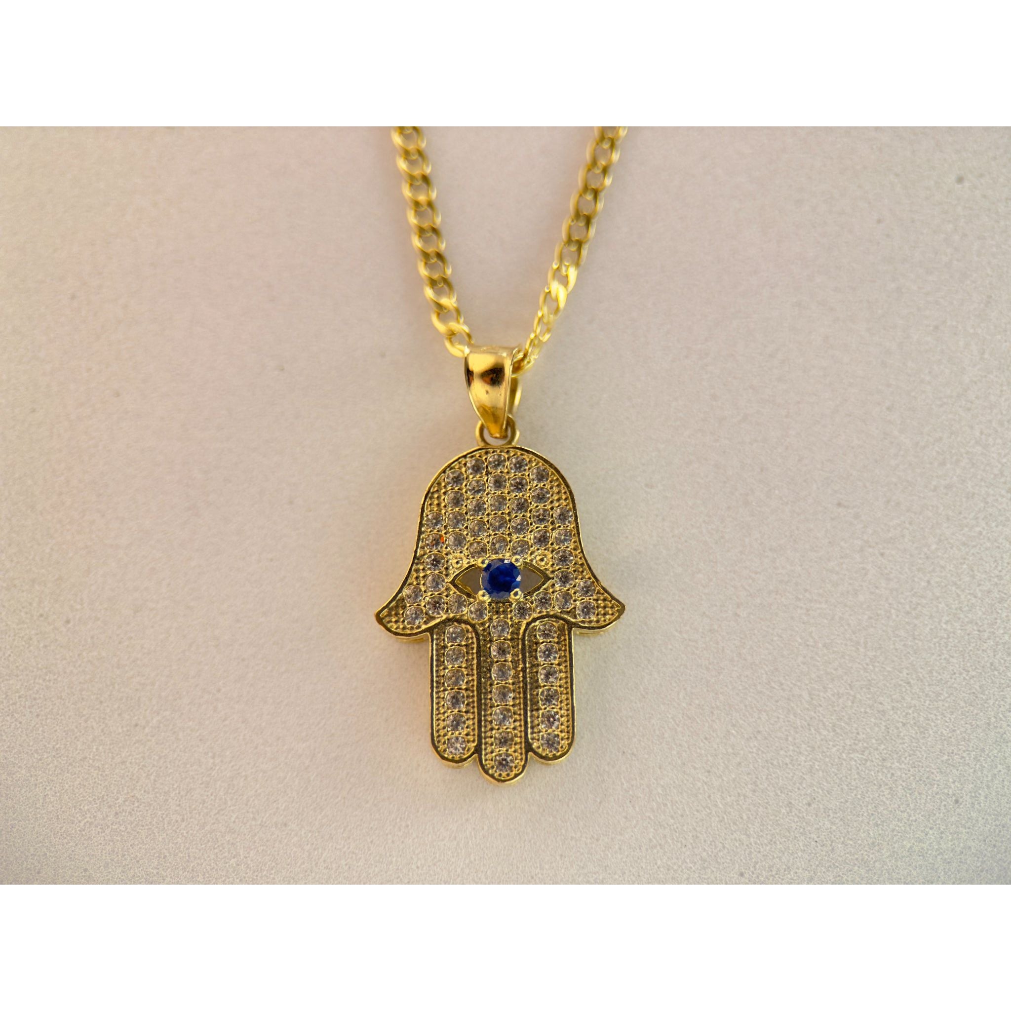 DR1937 - 10K Yellow Gold - Lab Created Stones - Gold Chain & Charm - Hamsa w/Blue Eye