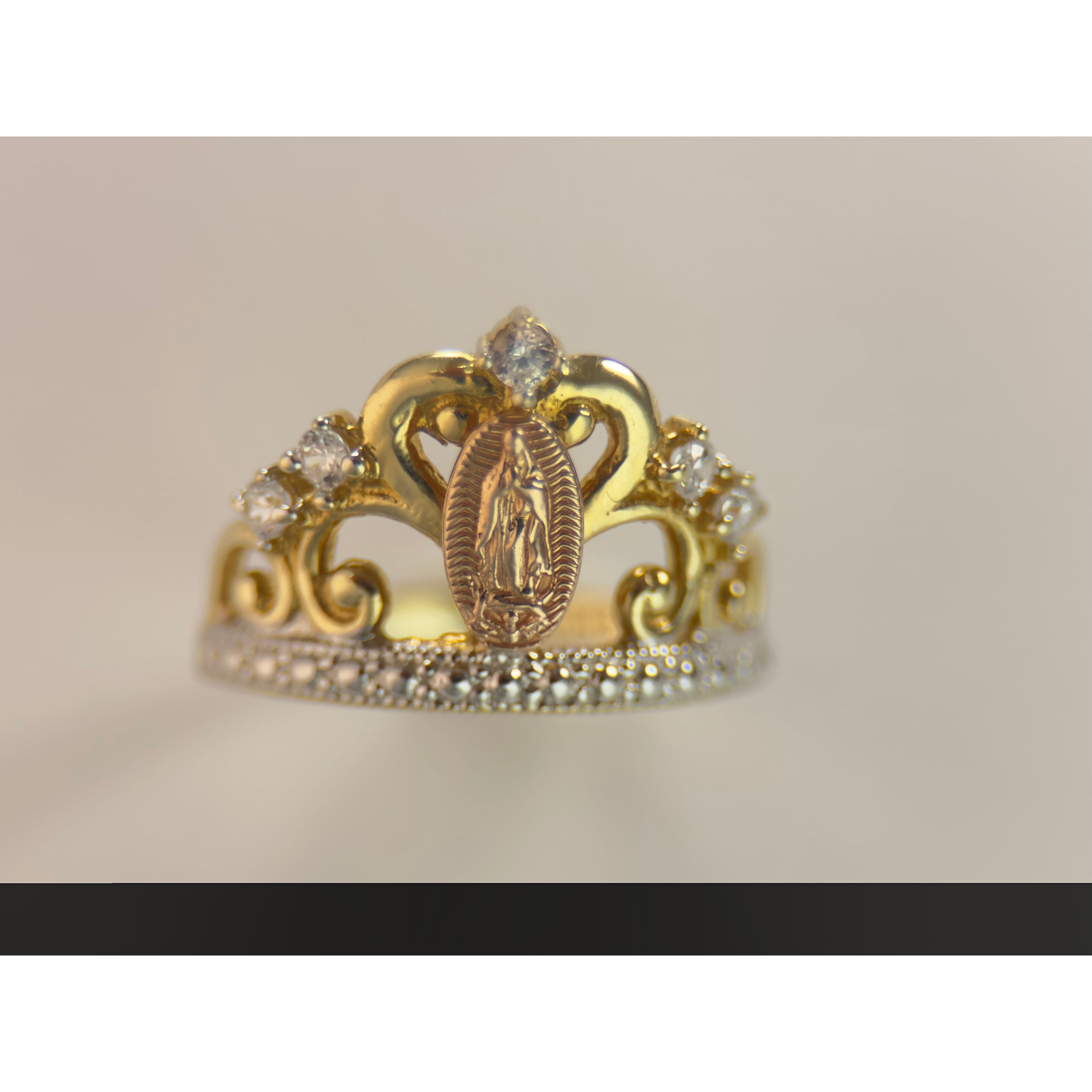 DR2006 - 14K Yellow Gold - Lab Created Stones - Ladies Gold Rings - 14K Rose Gold Blessed Mother / 14K Bottom of Crown/Band