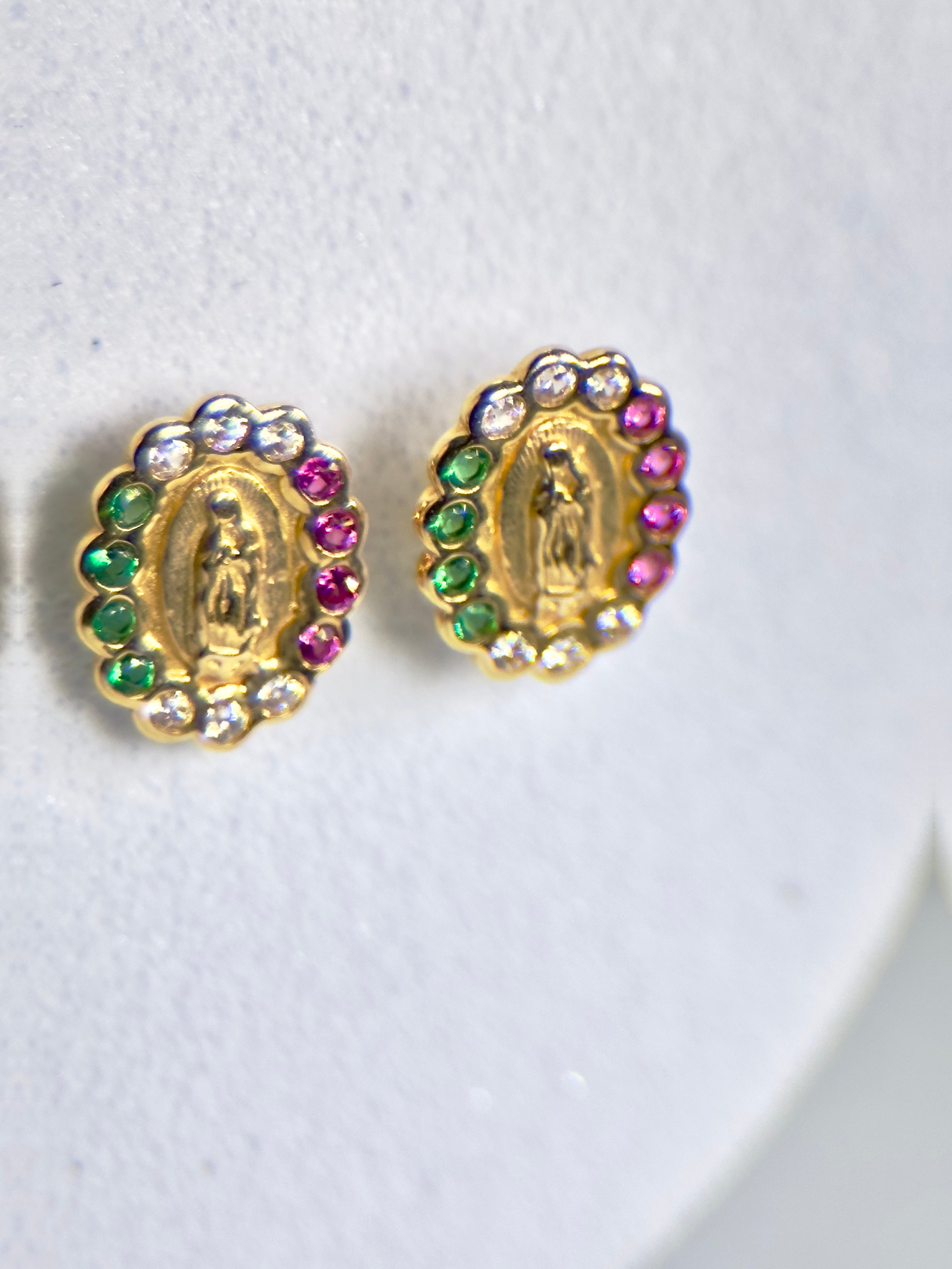 DR2362 - 14K Yellow Gold - Lab Created Stones - 14K Gold Studs - Blessed Mother