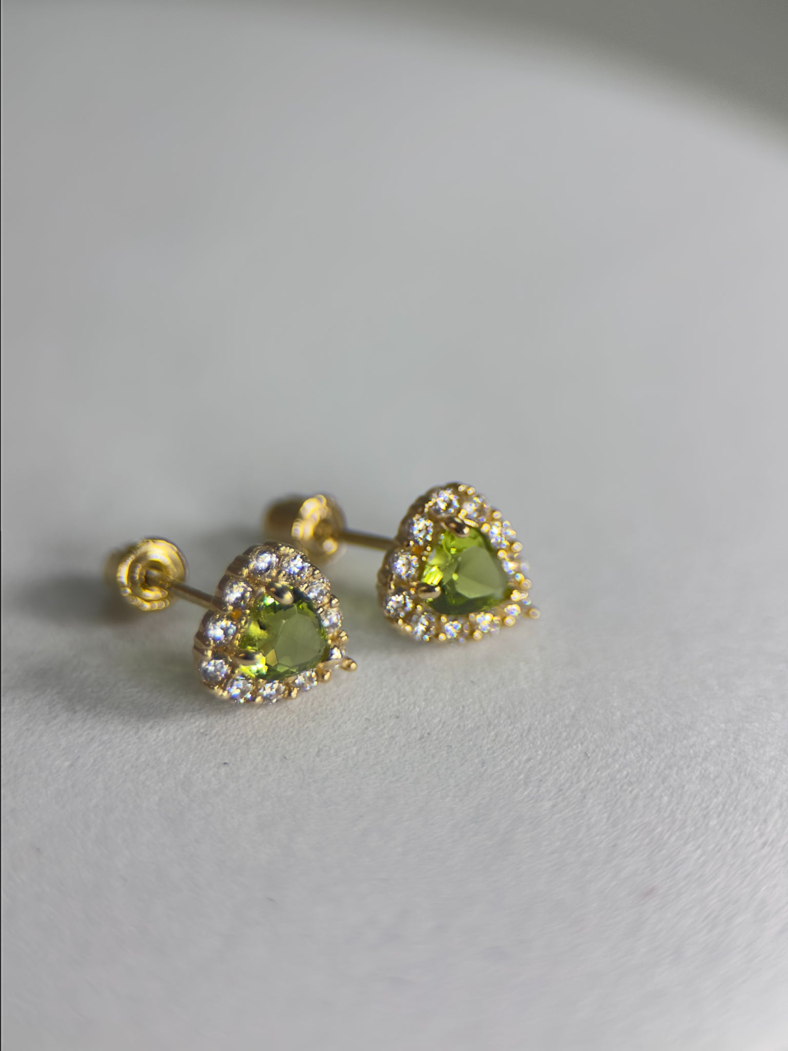 DR2374 - 14K Yellow Gold - Lab Created Stones - 14K Gold Studs - Peridot Hearts