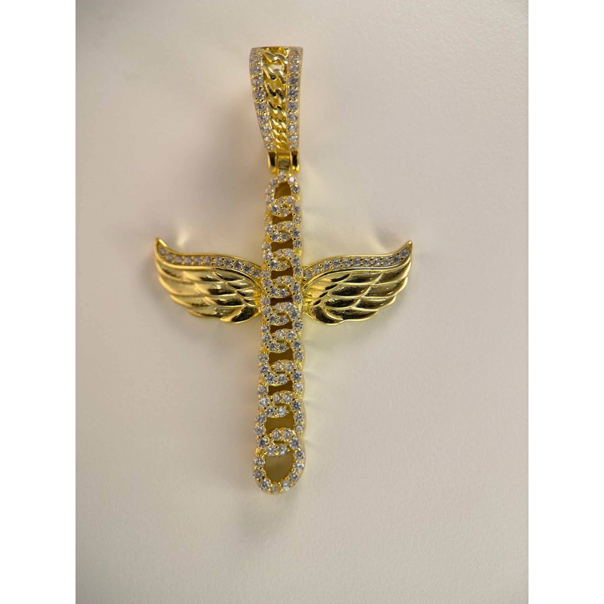 DR3167 - 925 Sterling Silver,14k Gold Bonded - Lab Created Stones - Pendant - Cuban Cross w/Angel Wings